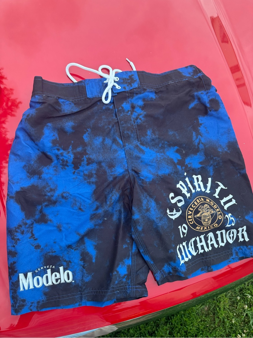 Modelo Blue & Black Tie-Dye Surf Board Shorts with White Drawcord